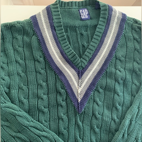 Gap Vintage Green Cable Knit Tennis Cricket Sweater V-neck 90s Oversized Fit - Picture 5 of 12